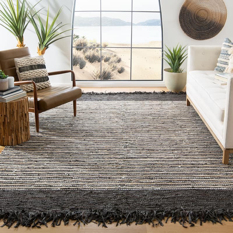 SAFAVIEH Handmade Vintage Boho Leather Zhanna Modern Stripe Leather Rug with Fringe - 8' x 10' - Dark Brown/Multi