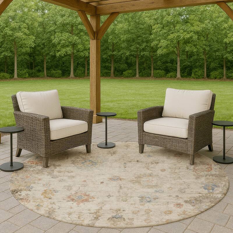 Machine Washable Indoor/ Outdoor Vintage Traditional Chantille Rug - Ivory - 8' x 8'