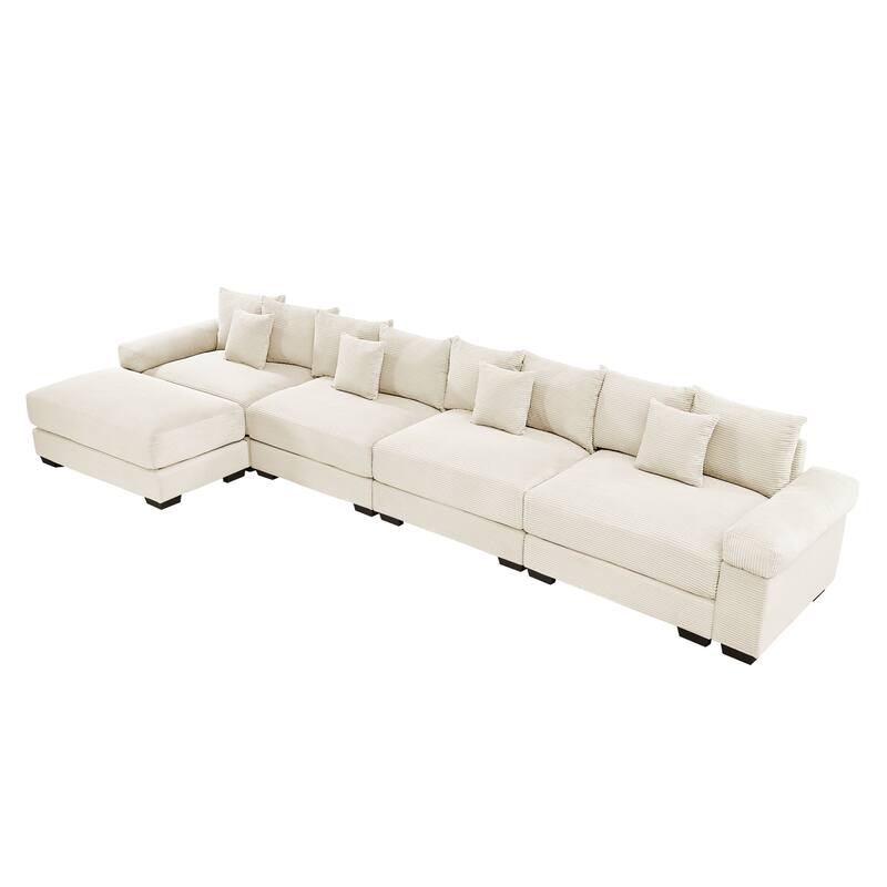GDFStudio - Corduroy L-Shaped 4-Seater 167.6" Cloud Modular Sectional Couch with Ottoman