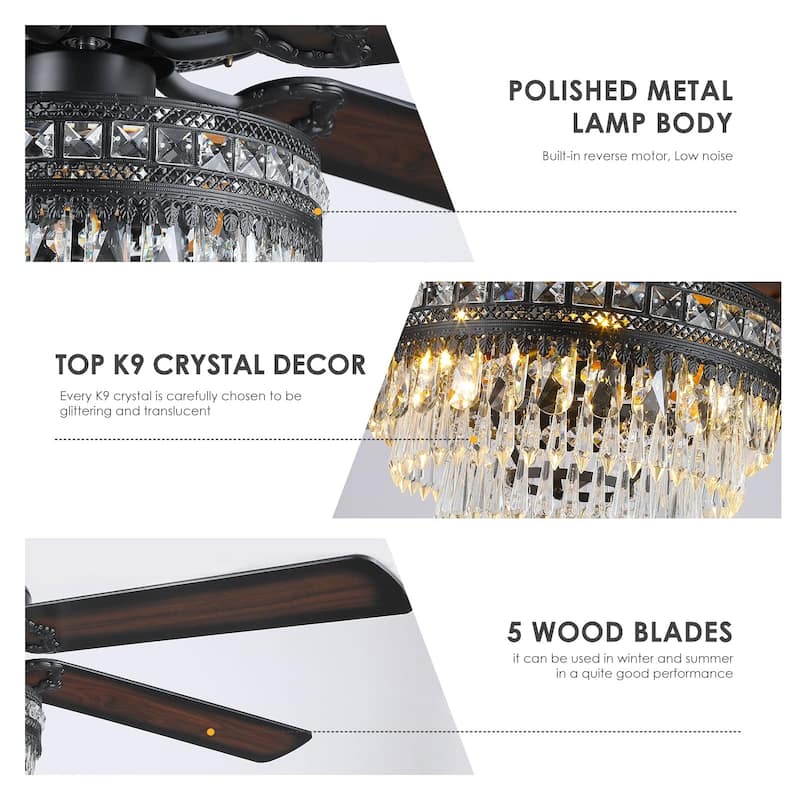 52" or 62" Crystal Ceiling Fan Chandelier with Lights,Remote Control, Timer,Reversible Motor