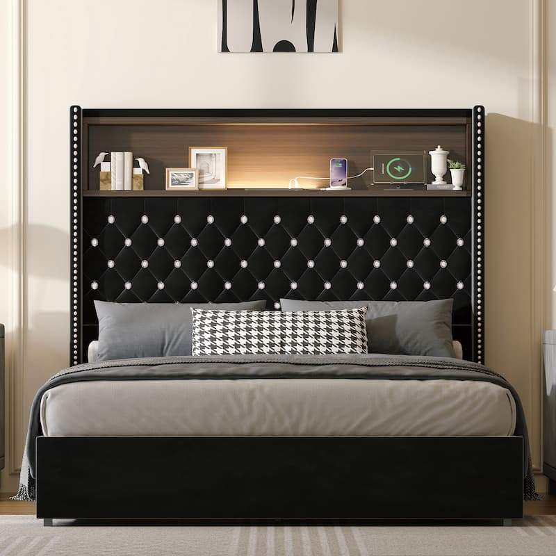 Full Size Velvet Tufted Soft Bed Frame with USB Port and Night Light, 52" High Headboard with Rivet Decoration