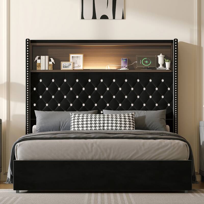 Roomfitters Velvet Tufted Platform Bed with Charging Ports, Tall Wingback Headboard with Rivet Trim and Shelf - Black - Full