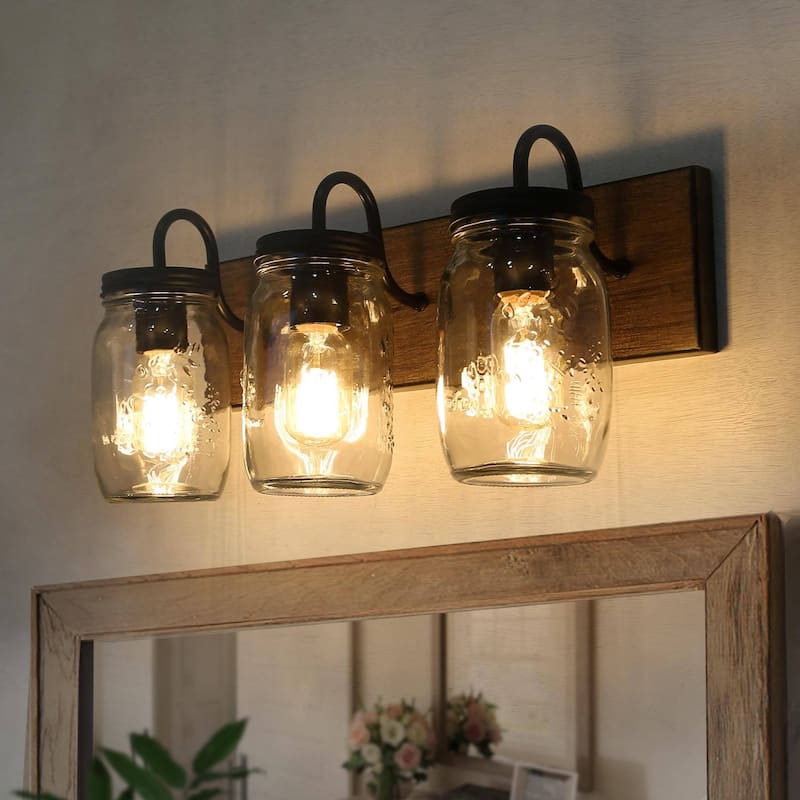 Modern Farmhouse Mason Jar 3-Light Bathroom Vanity Lights Glass Wall Sconces - 18"L x 9.5" W x 8"H