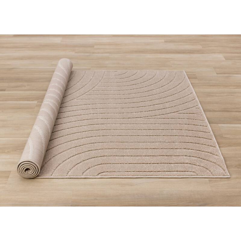 Modern Curved Lines Textured Area Rug in Beige