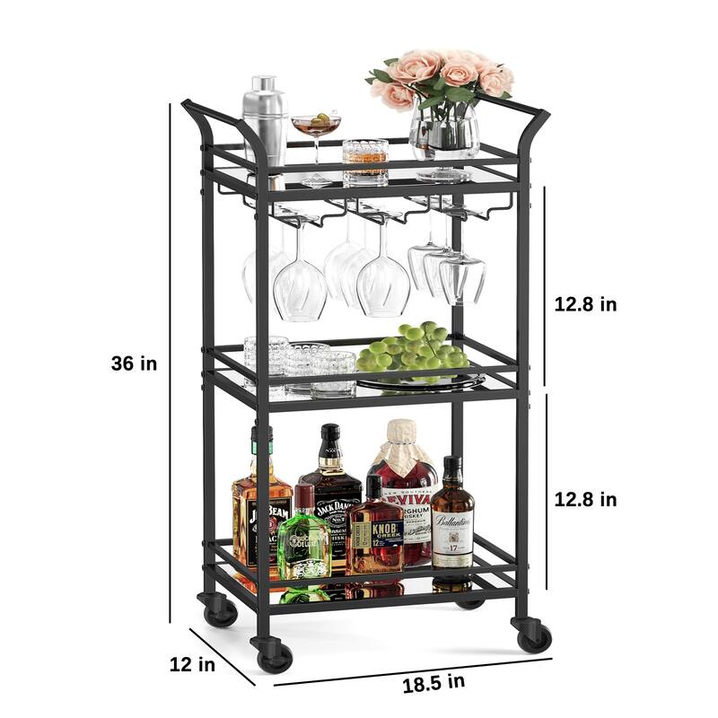 Mini Home Bar Cart with 3-Tier Shelf Wine Holders, and Glass Holders