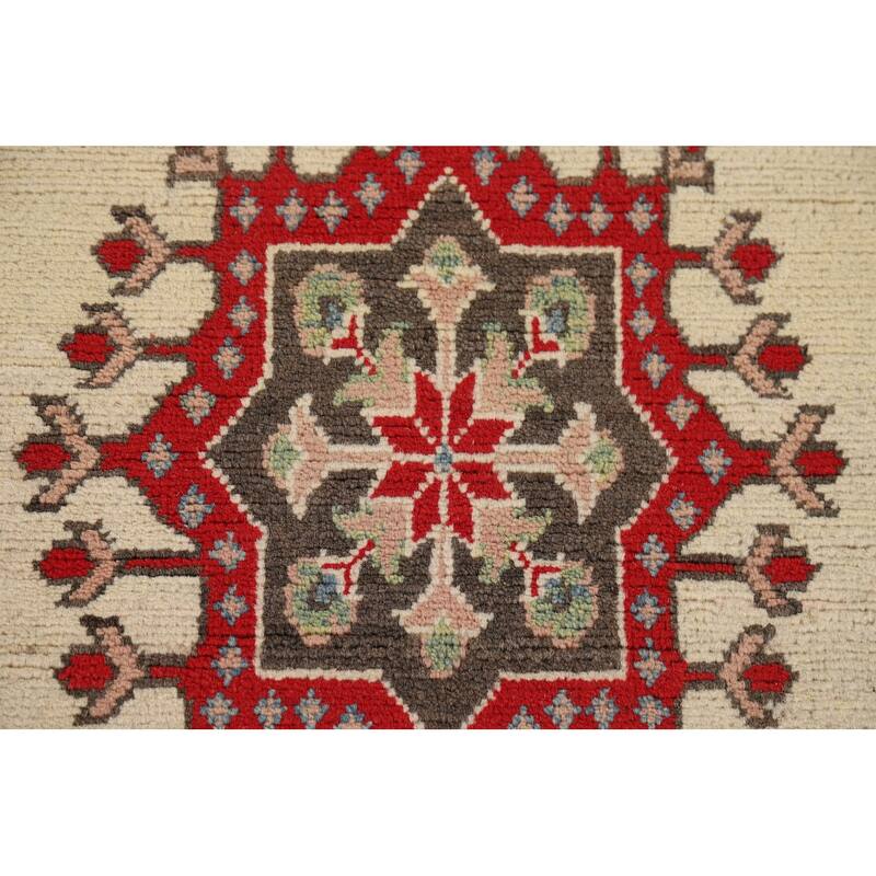 Hand Knotted Oriental 100% Wool Carpet Traditional Geometric Beige & Ivories Kazak Runner Rug - 12' 8'' X 2' 9''