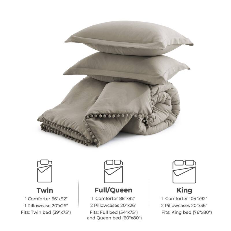 All Season Ball Pom Design Comforter Set with Pillowcases, Pom Pom Fringe Bedding Set