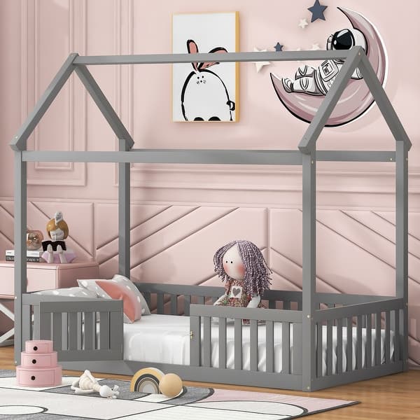 slide 2 of 12, Twin Size Solid Pine Wood House Kids Bed Frame with Fence and Door - Distressed Wash Design, Playful Roof and Guardrails, Grey Grey