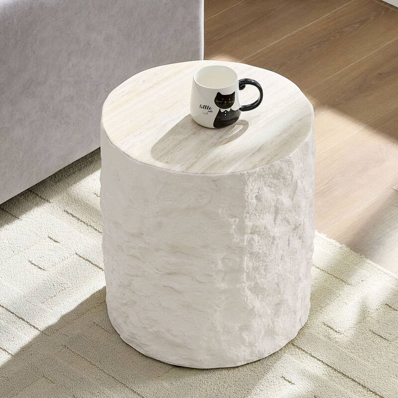 GDF Studio - Aries Modern Fiberglass Round Side Table with Imitation Stone Design - Beige