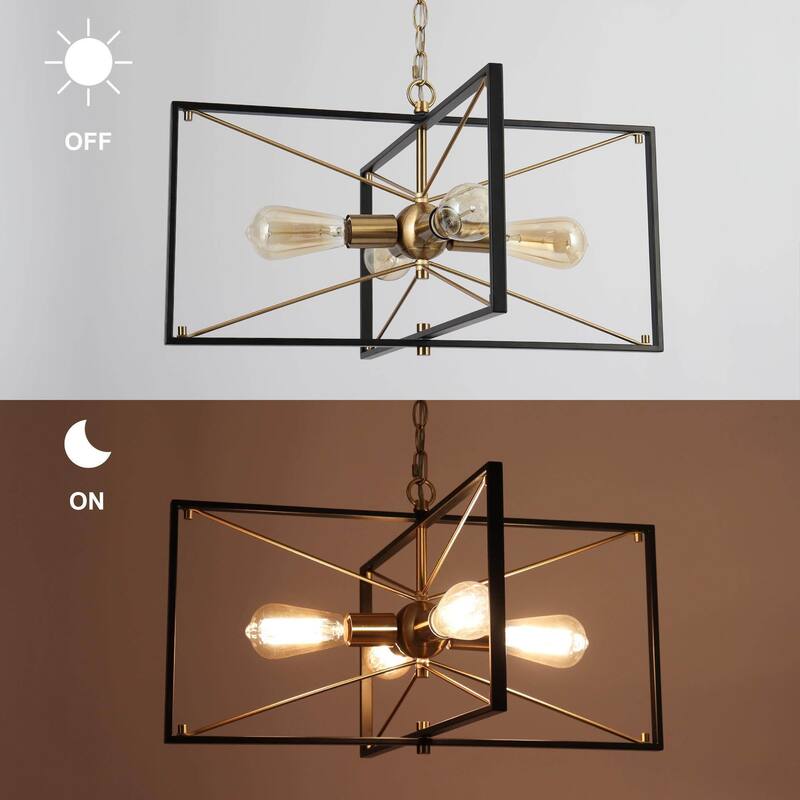 Modern 4-Light Black Gold Chandelier Square Pendant Light for Dining Room - 23.5" L x 22.5" W x 13" H