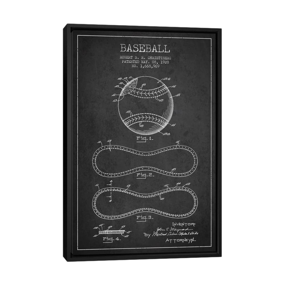 iCanvas "Baseball Charcoal Patent Blueprint" by Aged Pixel Framed Canvas Print