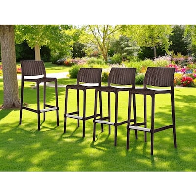 HomeRoots Set of Four 30" Brown Faux Rattan Heavy Duty Plastic Low Back Outdoor Bar Height Chairs