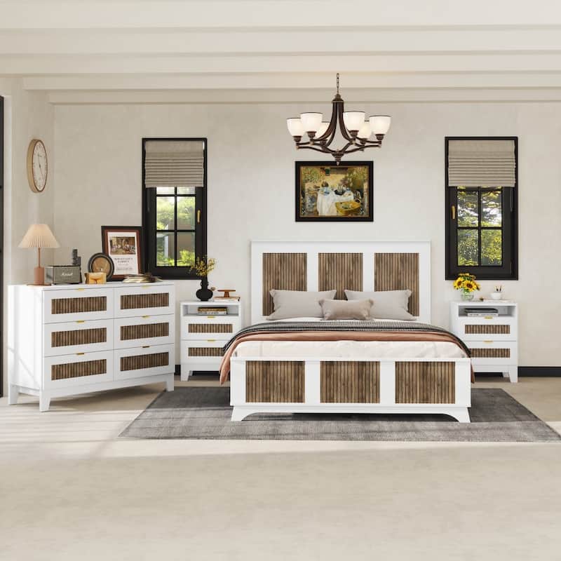 4-Piece Bedroom Sets, Queen Size Farmhouse Platform Bed, 2 Nightstands and 1 Dresser - White