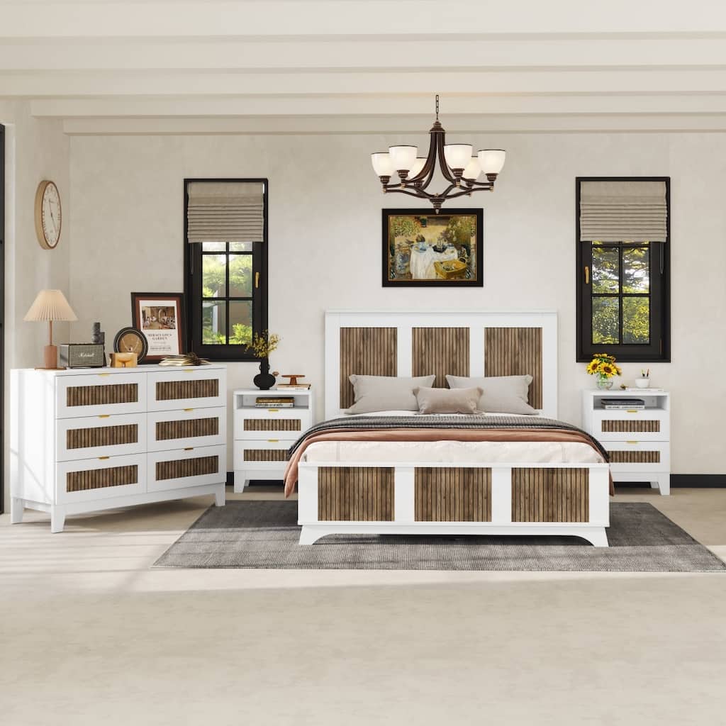 4-Piece Bedroom Sets, Queen Size Farmhouse Platform Bed, 2 Nightstands and 1 Dresser