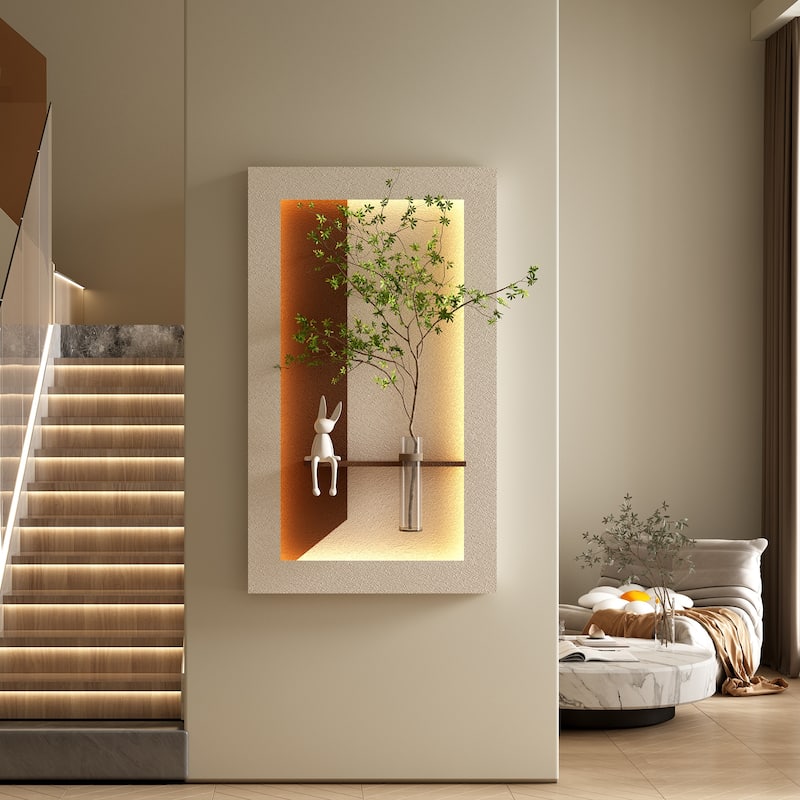 Adjustable 3-Color LED Sandstone Wall Decor with Simulated Green Plants, Glass Vase & Rabbit Statue, Remote Control Light Strips - Coffee
