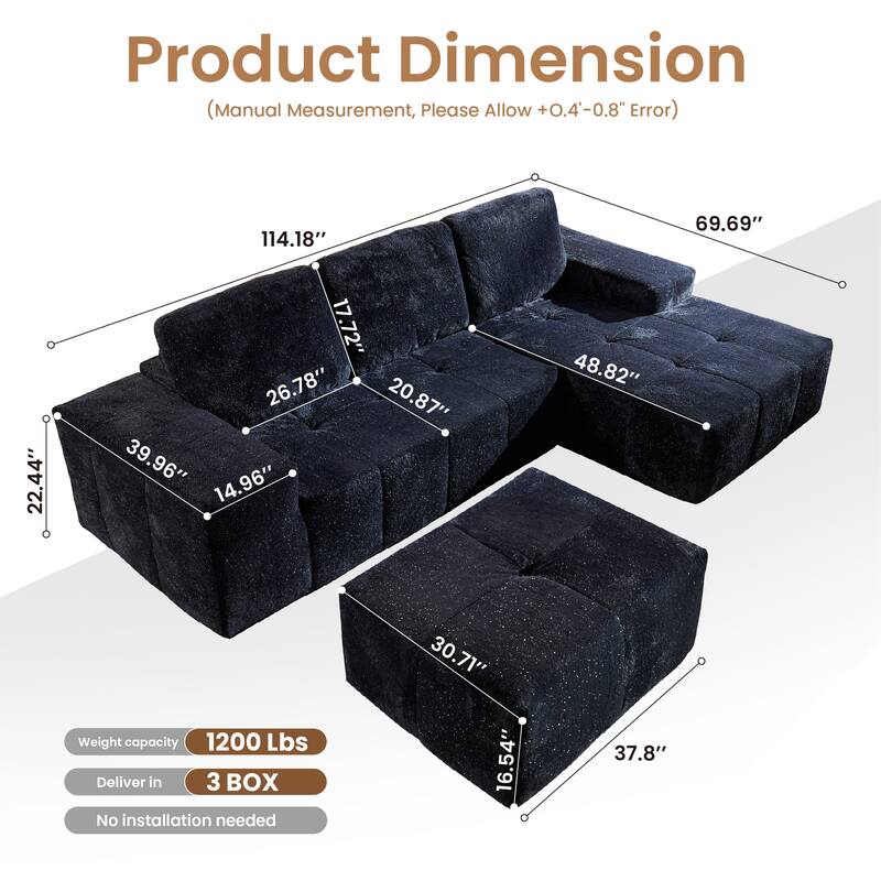 HOOOWOOO Modern Sparkly Velvet Fabric Chaise Sofa Couch with Ottoman