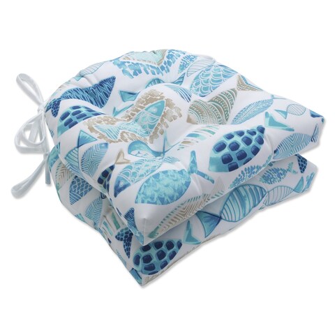 Pillow Perfect Outdoor Hooked Seaside Blue Deluxe Tufted Chairpad (Set of 2) - 17 X 17.5 X 4