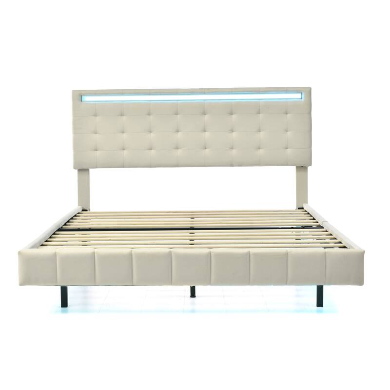 Floating Bed Frame with LED Lights and USB Charging,Modern Upholstered
