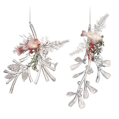 12 Icy Crystal Decorative Christmas Bird on Branch Ornaments 6"