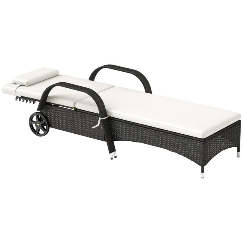 Outdoor Poolside Chaise Lounge Chair Set with Adjustable Backrest Wheels Thick Cushions Steel Rattan Patio Garden Furniture - Deep Coffee, Cream White & 1pc