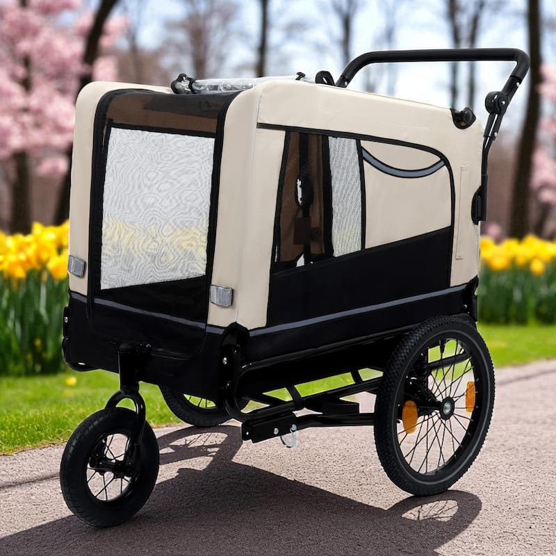 Extra Large 2-in-1 Pet Bike Trailer & Stroller - Heavy Duty Dog Carrier with Quick Release Wheels, Ventilation & Storage - Black Beige