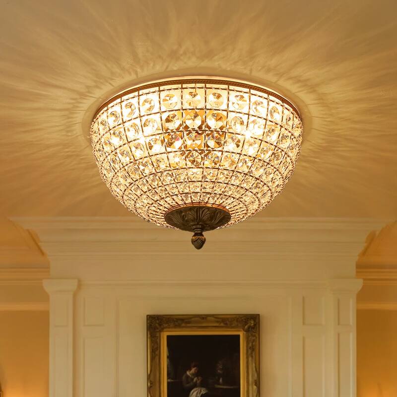 French Farmhouse Glam Crystal Round Flush Mount Ceiling Light