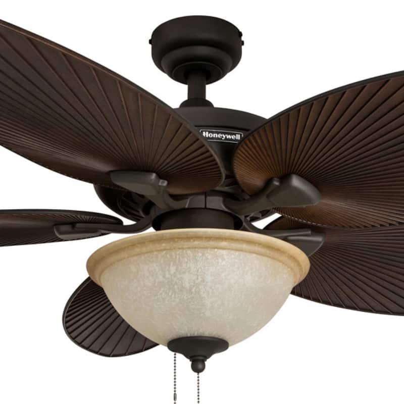 52" Honeywell Palm Island Bronze Indoor/Outdoor Ceiling Fan with Light, Pull Chain, 5 Palm Leaf Blades