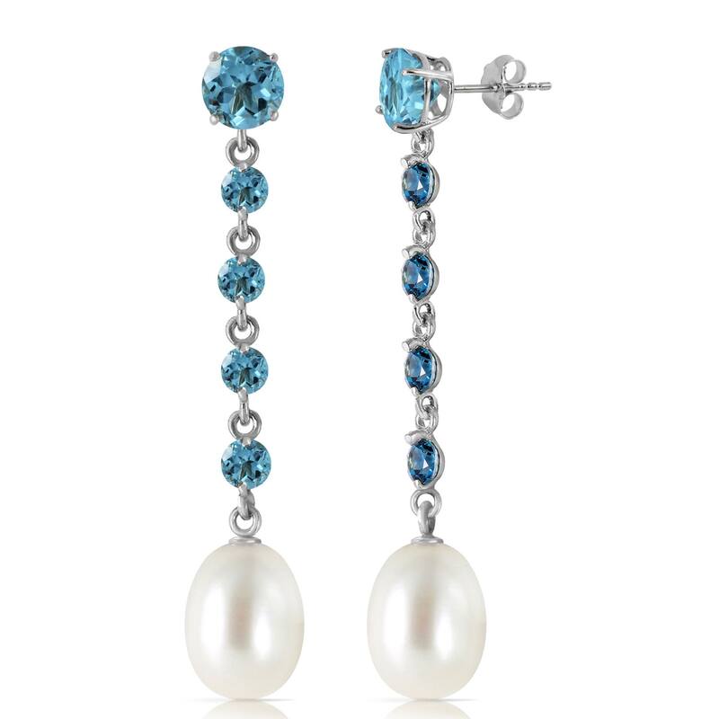 14K Solid Gold Chandelier Blue Topaz & Pearl Gemstone Earrings - White