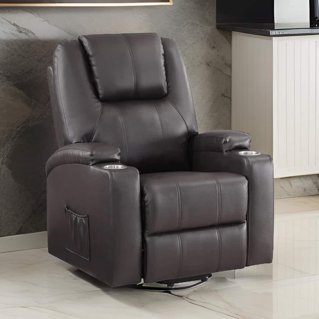 Evans 37 Inch Recliner Chair, Power Lift, 2 Cupholders, Brown Faux Leather