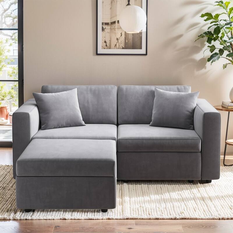 Pocassy Cloud Sectional Couch Upholstered Velvet Couches - 2-Seat with Ottoman - Grey