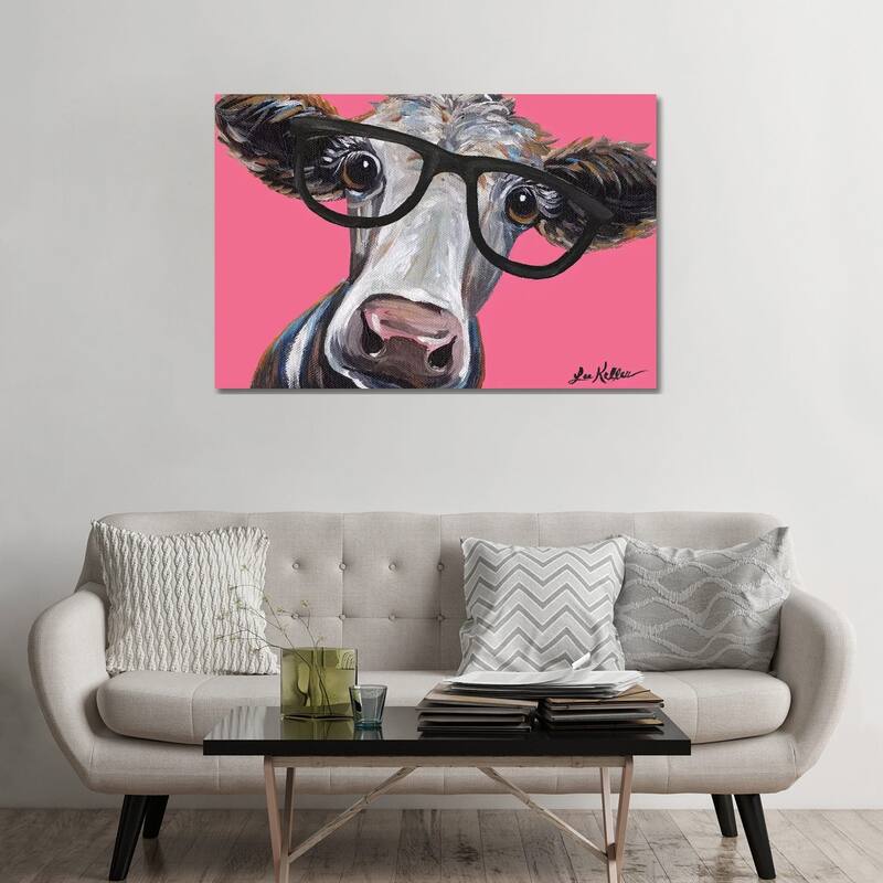 iCanvas "Cora The Cow With Glasses On Pink" by Hippie Hound Studios Canvas Print - 32x48x1.5