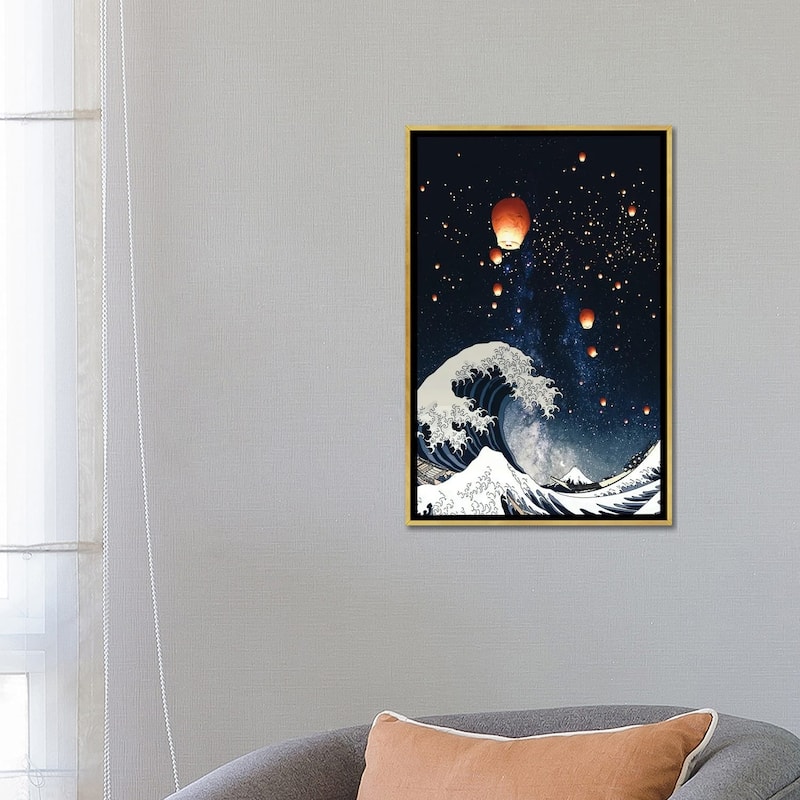 iCanvas "The Big Wave And Japanese Lanterns In Night Sky" by GEN Z Framed Canvas Print