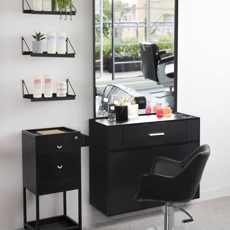 Black Wall Mounted Hair Styling Station with Mirror Drawer and Storage Cabinet for Salon Use - 59.4” x 29.6” x 11.8" (L x W x H)