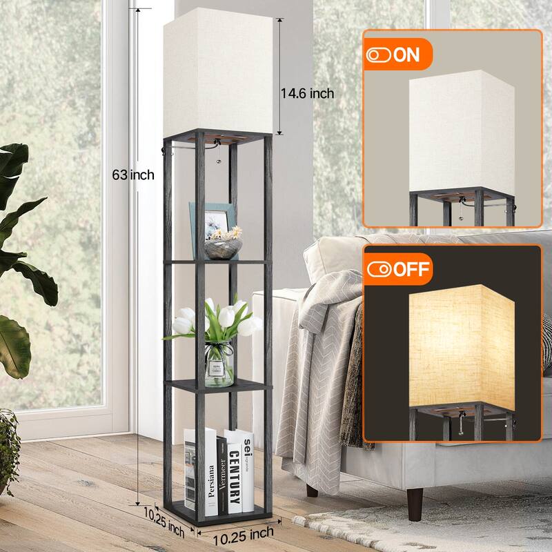 63"Floor Lamp with Shelves,Modern Tall Standing Lamps - N/A - Black