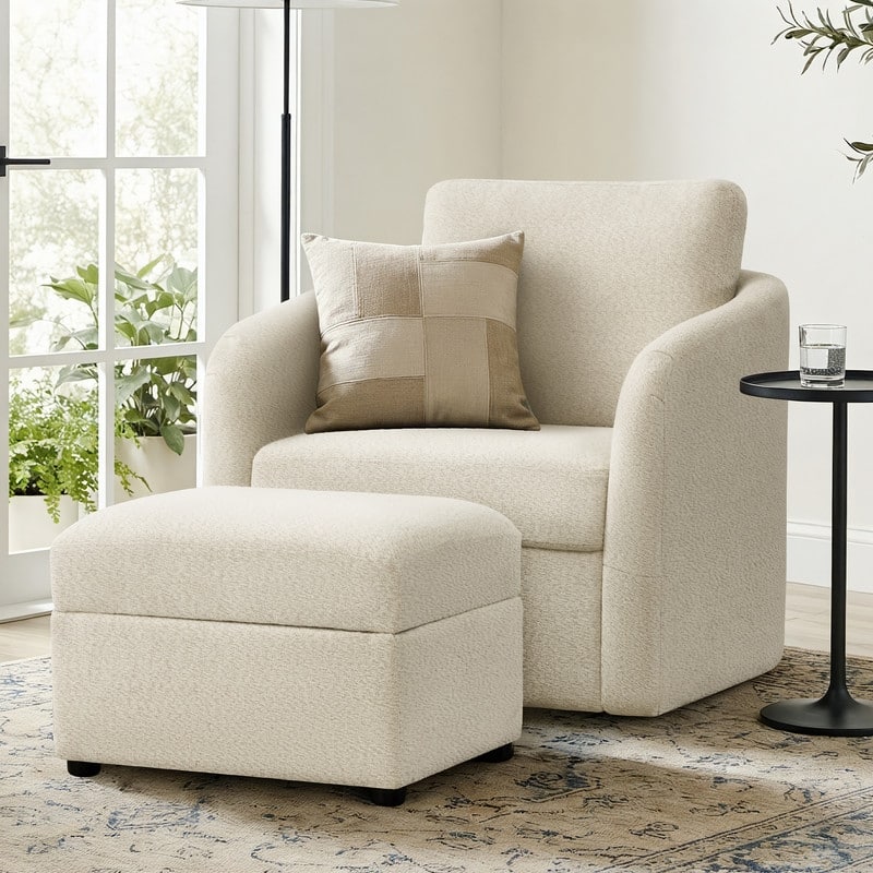 Spruce & Spring Modern Upholstered Swivel Barrel Accent Chair with Ottoman & Removable Slipcover - Chair with Ottoman - Beige