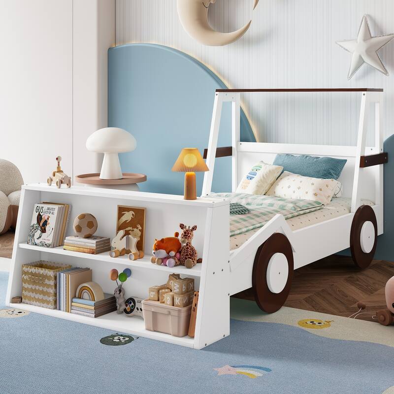 Low Platform Bed for Kids Car-shaped Bed Frame with Front Storage Shelves, Headboards and Wheels, No Box Spring Needed - White+Brown - Twin