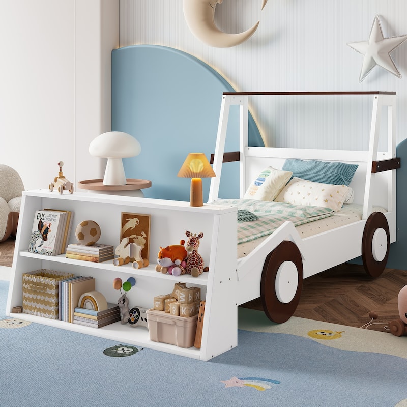 Twin Size Car Bed with Storage Shelves - Kids Platform Bed, Cute Car Shape, Childlike Design