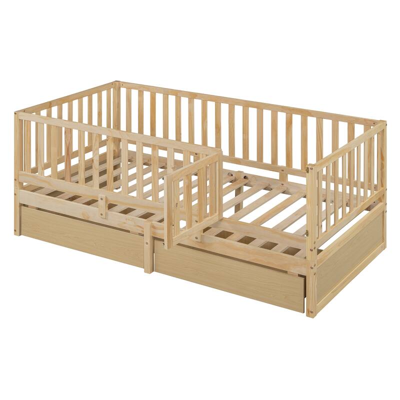 Pine Wood Daybed Floor Bed Frame with Fence Guardrails and 2 Drawers, Converts into Two Individual Beds, No Box Spring Needed