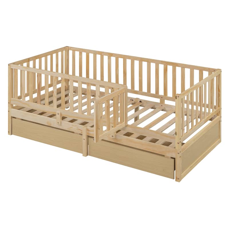 Twin Size Convertible Wood Daybed & Floor Bed with Fence Guardrails and 2 Drawers