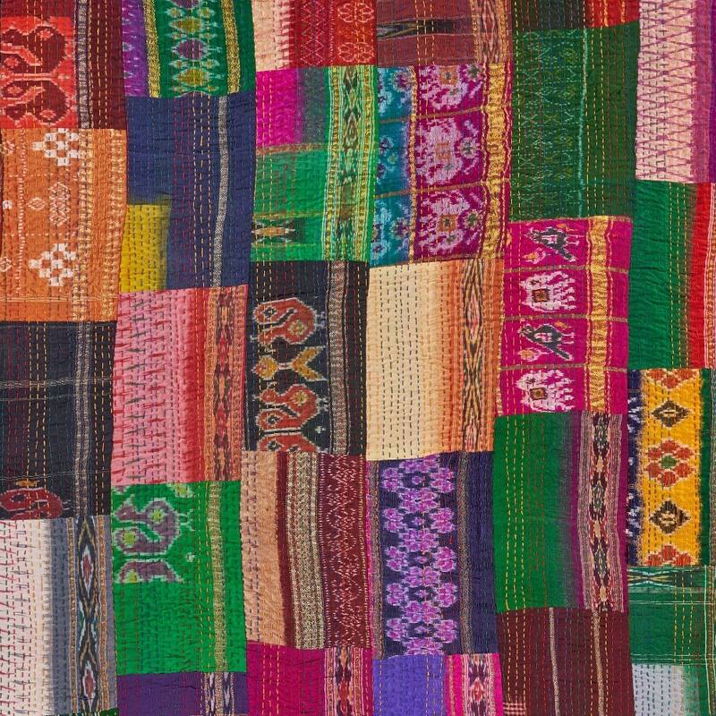 HomeRoots 70" X 50" Blue and Green Kantha Silk Patchwork Throw Blanket with Embroidery