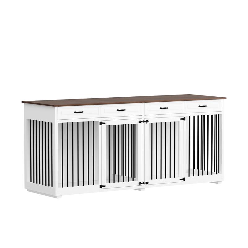 Wooden Dog Crate Kennel Furniture for 2 Dogs with Divider & Drawers