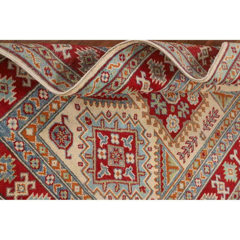 Geometric Beige Kazak Accent Rug Hand-Knotted Oriental Wool Carpet - 3'4" x 4'9"