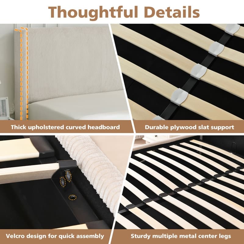 Lift Up Storage Platform Bed with Minimalist Headboard - White - Queen