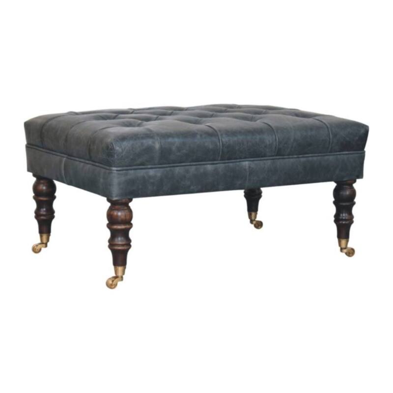 Artisan Furniture Solid Buffalo Teal Leather Ottoman with Castor Legs