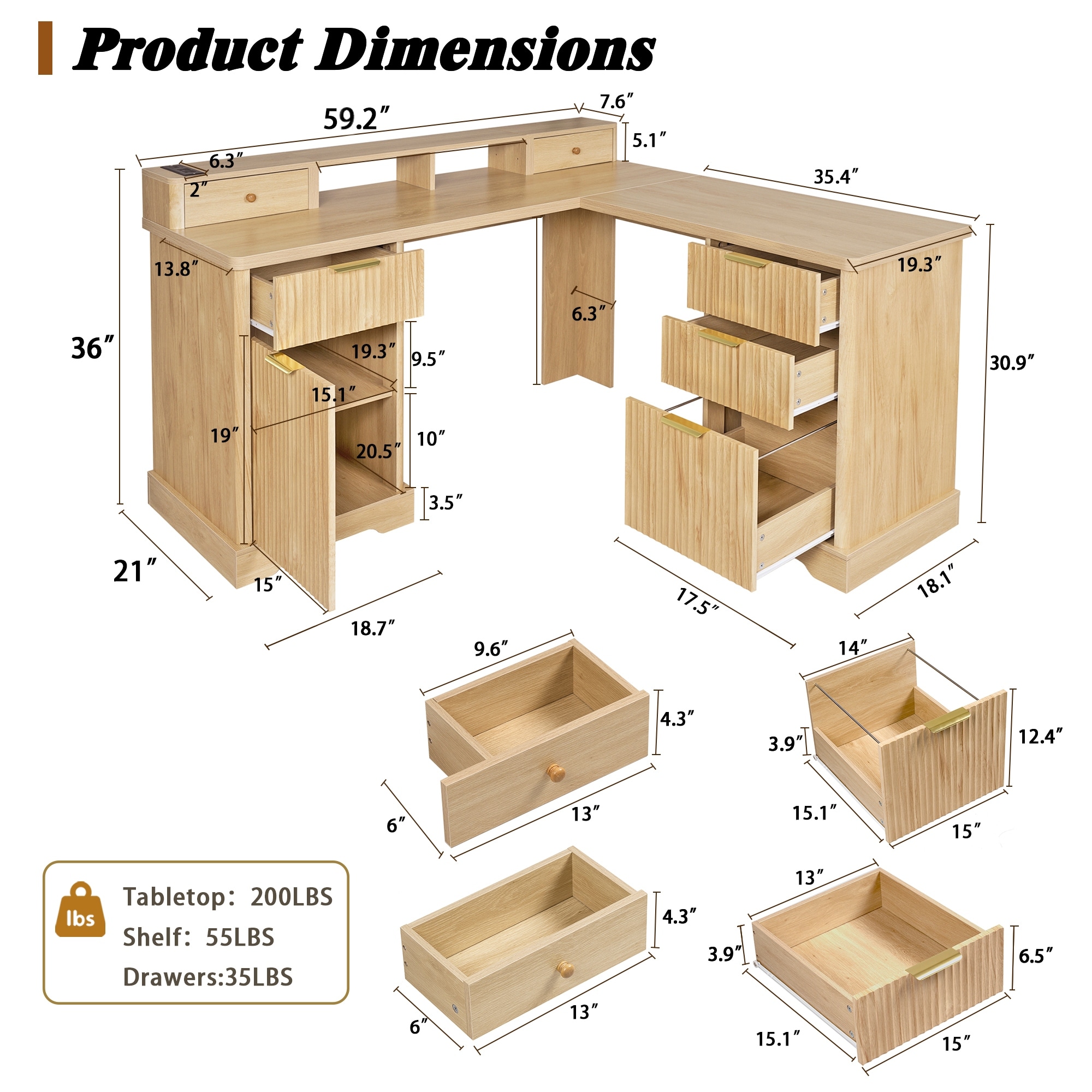 59"Modern Fluted L-Shaped Desk with Charging Station & Storage Cabinet
