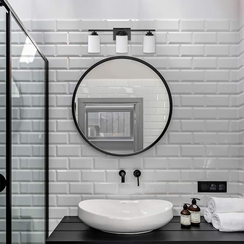 Matte Black 3-Light Vanity with Etched White Glass Shades