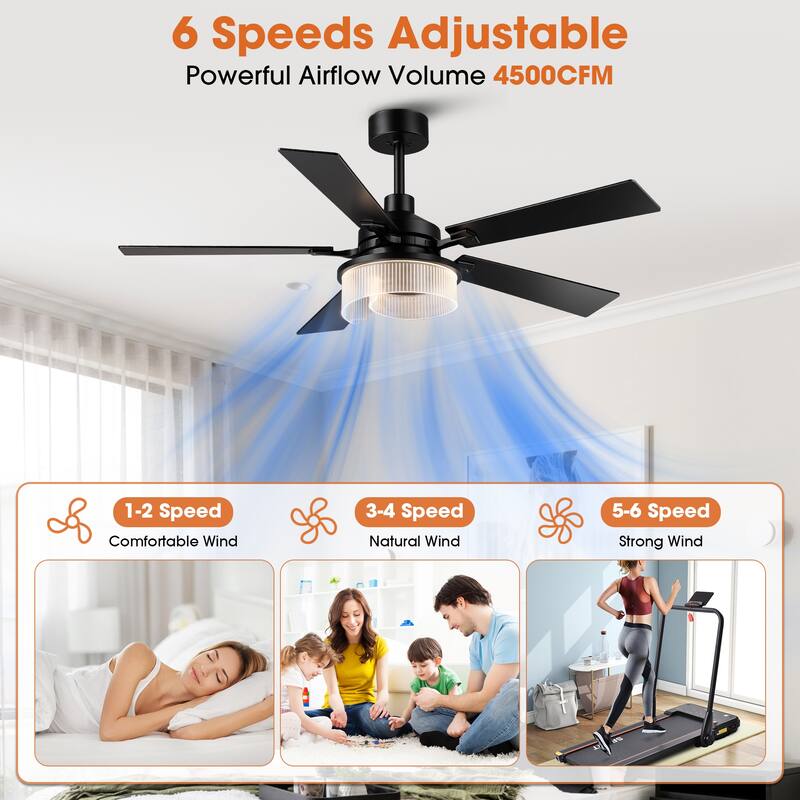 52" Modern Black Reversible 5 Blades Dimmable LED Ceiling Fan with Light and Remote