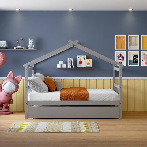 Full Size Wooden House Bed Daybed with Twin Trundle & Sky Roof, Grey