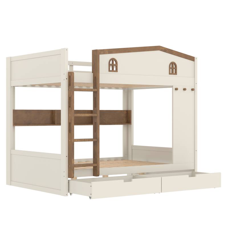 Roomfitters Queen over Queen Solid Wood Bunk Bed with Drawers and Shelves, Heavy Duty Frame with Hooks