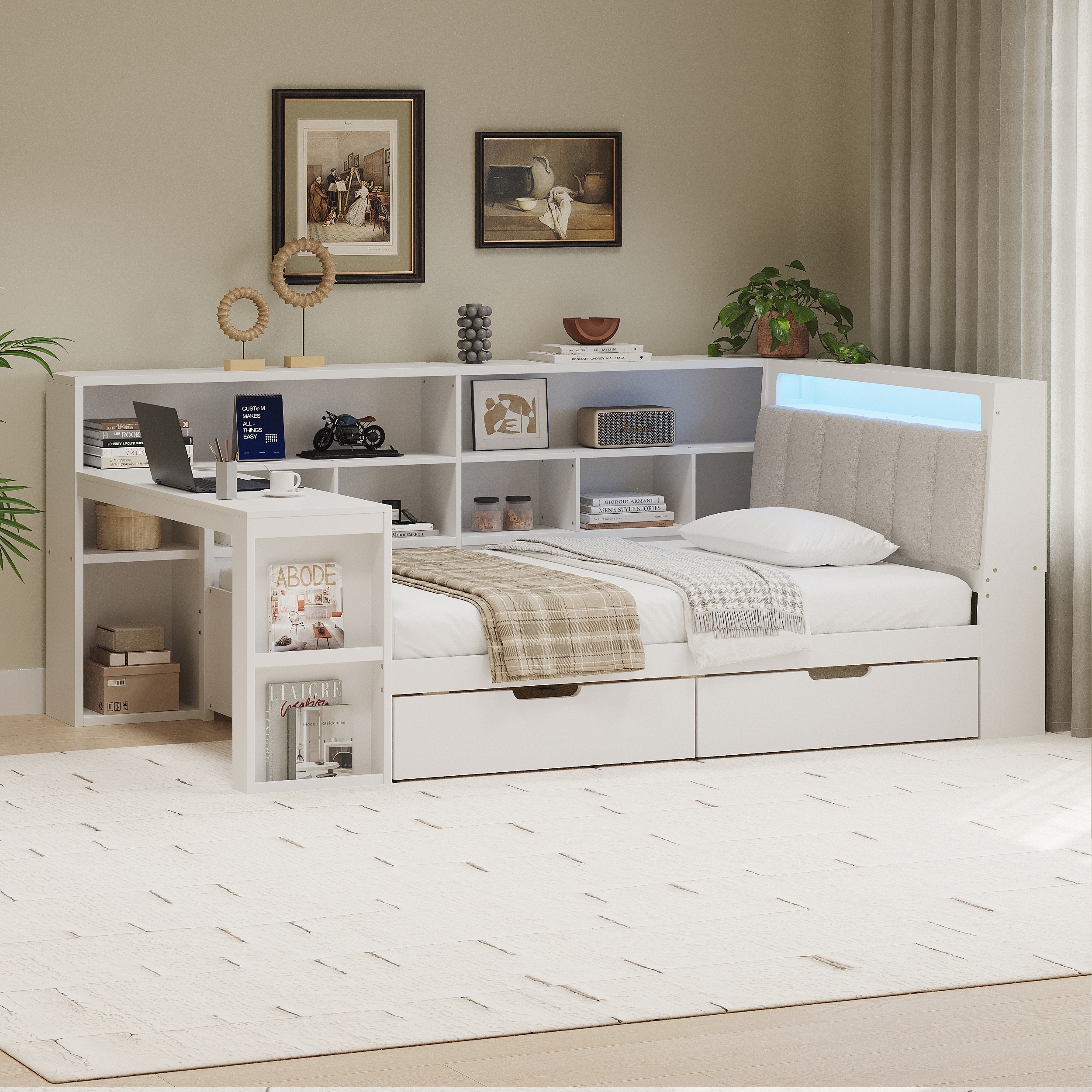 L-shaped Wooden Daybed with Desk and Bookcase, Corner Captains Bed with Upholstered Headboard, Underbed Drawers, LED Light